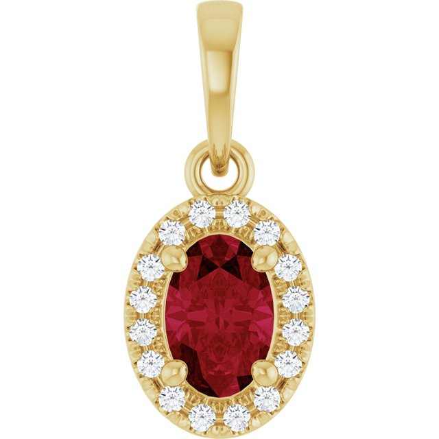 Haloanheng i 14 kt gult gull med laboratoriedyrket diamant og labfremstilt rubin, 0,06 ct totalt, oval sten 6 × 4 mm fra Smykke24