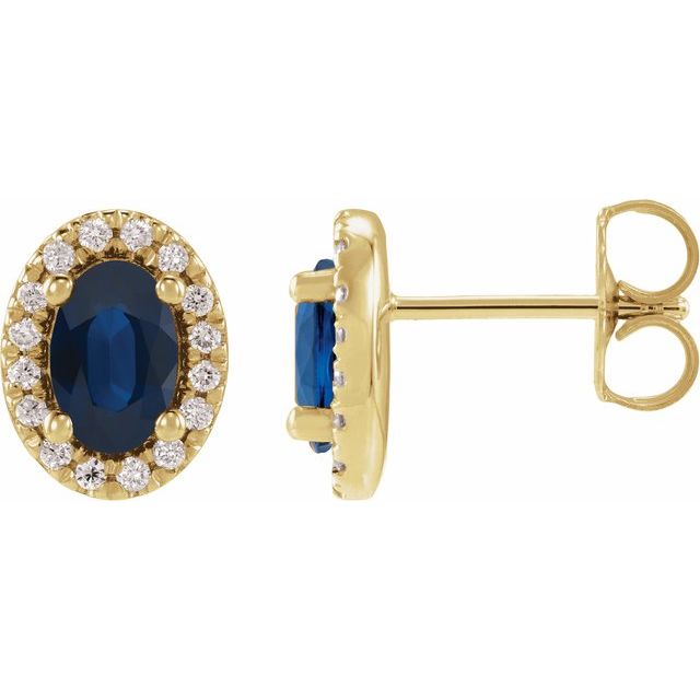 Øredobber i 14 kt gult gull med laboratoriedyrket diamant og labfremstilt blå safir, 0,125 ct totalt, oval sten 6 × 4 mm (par) fra Smykke24
