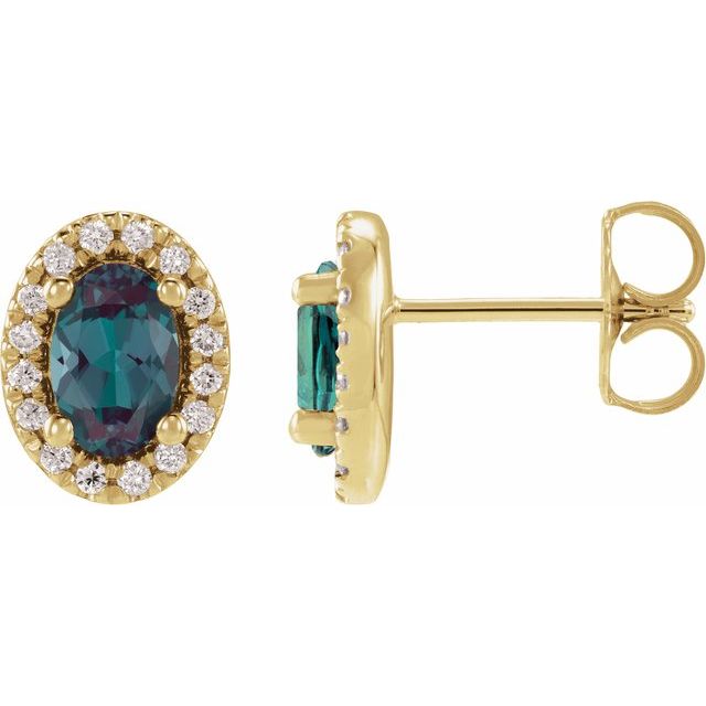 Øredobber i 14 kt gult gull med laboratoriedyrket diamant og labfremstilt aleksandritt, 0,125 ct totalt, oval sten 6 × 4 mm (par) fra Smykke24